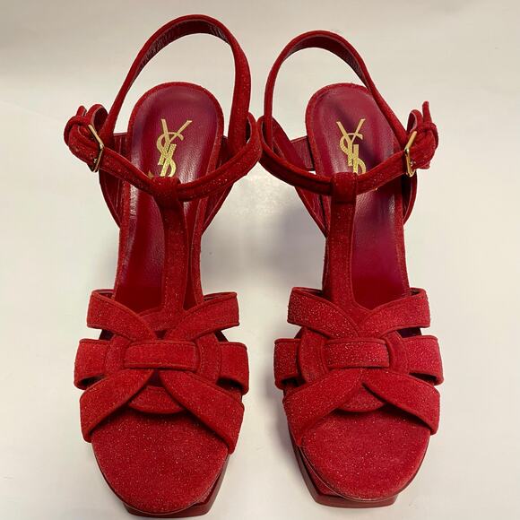 SAINT LAURENT YSL Tribute Platform Heels Red Suede Quartz Glitter EU 38.5/US 8.5 - Picture 4 of 11
